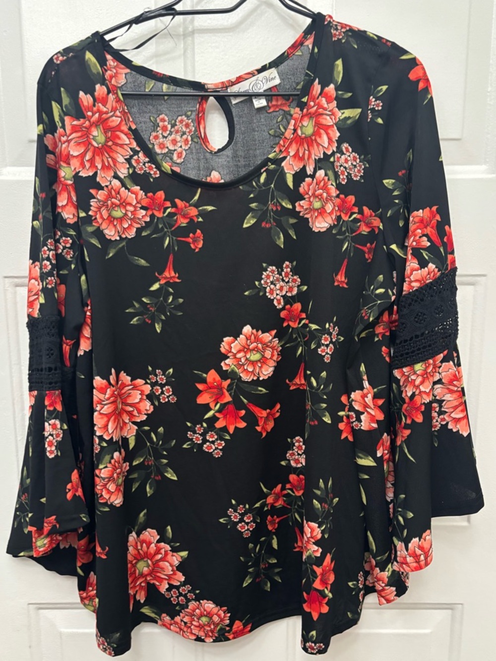 Women's Black Floral Bell-Sleeve Tunic Top - Coral Floral